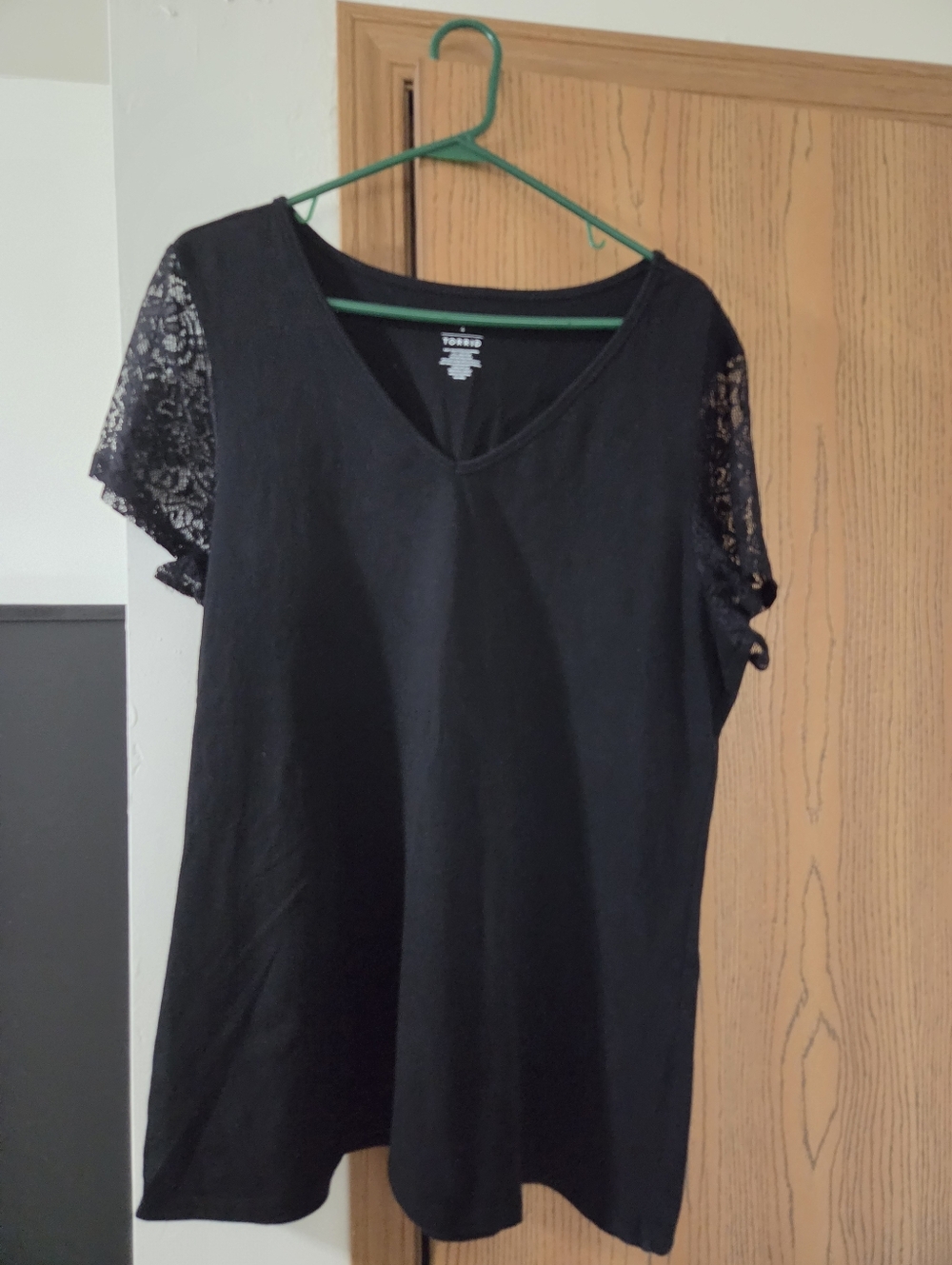 Studio Works Black V-Neck Top with Lace Short Sleeves